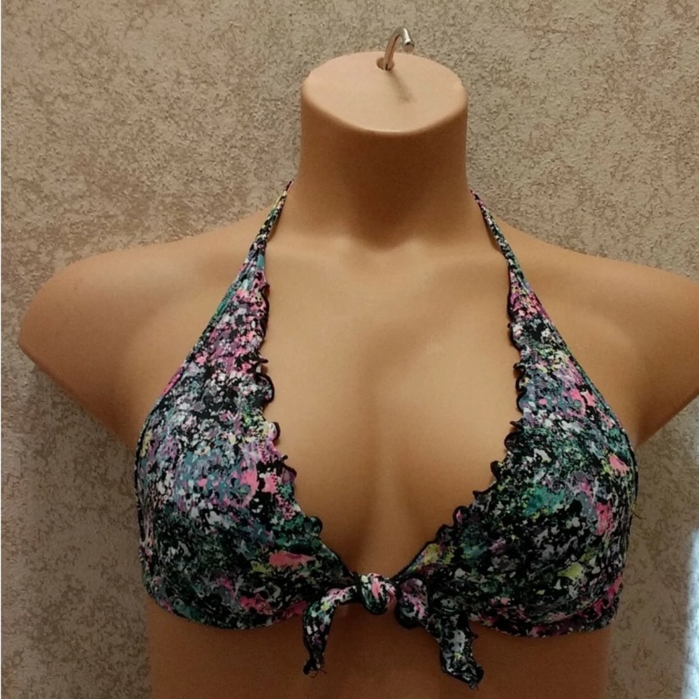 Victoria's Secret Multicolor Paint Splatter Ruffle Halter Bikini Top